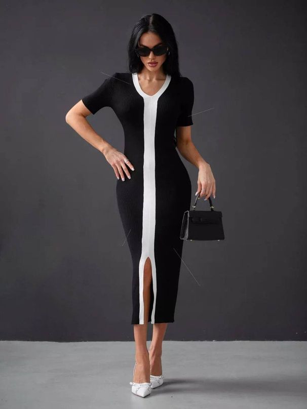 Women's Clothing dress V neck splicing contrast color slim fit fashion temperament elegant dress _ecoleips.com