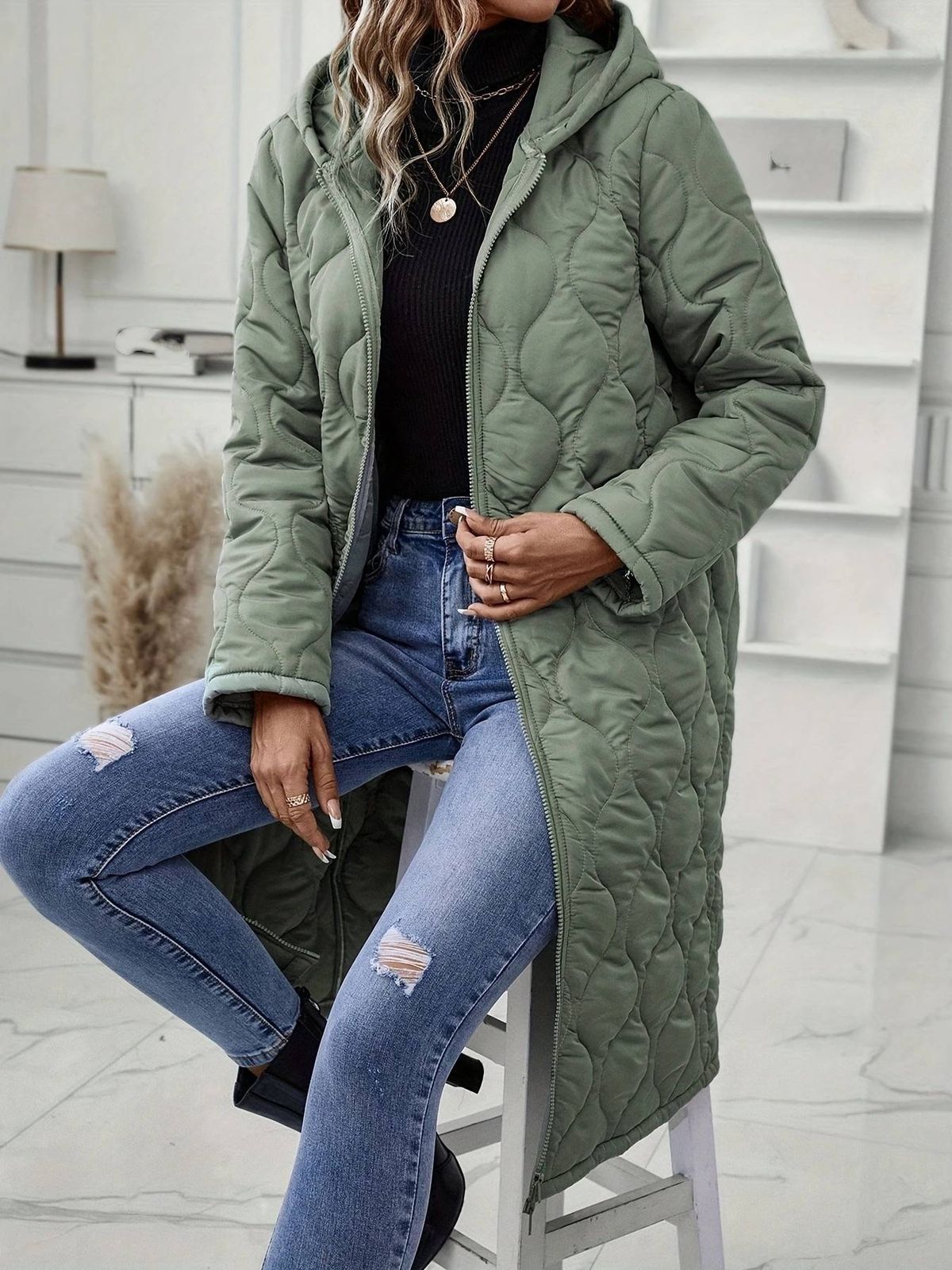 Long Hooded Casual Coat – Lightweight Polyester Puffer Jacket For Women (Mid-Length, 3 Neutral Tones, Breathable & Stylish)_ecoleips.com