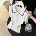 Women's White Collared Short Sleeve T-Shirt Stylish Knitted Top Spring Summer New Fashionable Beautiful_ecoleips.com