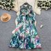 Women's French Style Long Dress Beaded Lapel Printed Design Autumn Tie Waist Single Breasted Heavy Duty Skirt_ecoleips.com