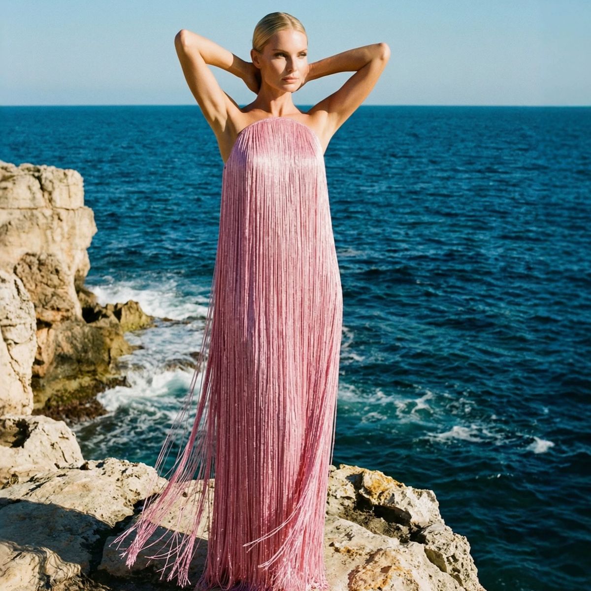 Elegant Strapless Fringe Evening Gown, Flowy Party Dress For Women, Bodycon Midi Dress In Sky Blue, Pink, White_ecoleips.com
