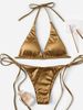 Solid Shiny Satin Gold Bikini Set Halter & Side Tie High Cut Two Piece Beach Swimsuit_ecoleips.com