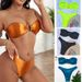 Glossy Satin Strapless Bandeau Bikini Set Front Metal Buckle High Cut Two Piece Beach Swimsuit_ecoleips.com
