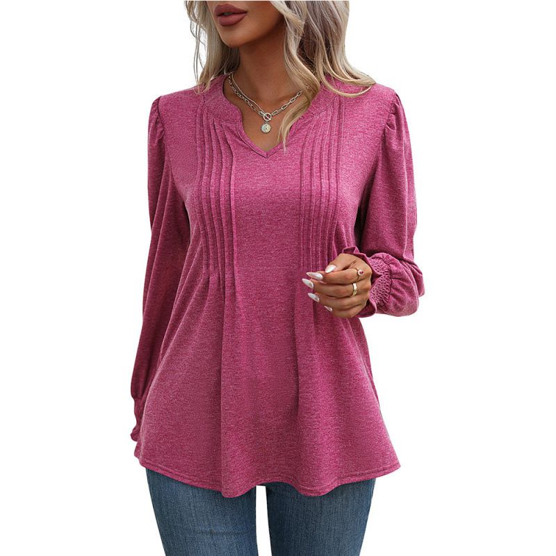Women's Annual Fashion: Solid Color Casual Bubble-Sleeve V-Neck Long-Sleeve T-Shirt_ecoleips.com