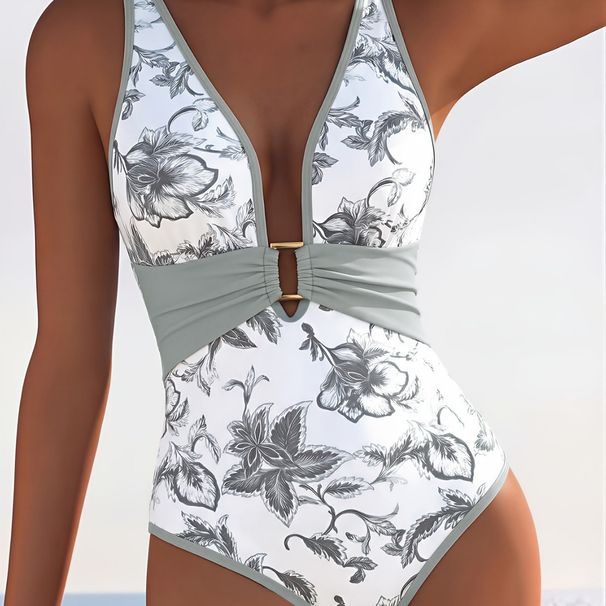 Fashionable One Piece Swimsuit for Women Sexy Slimming Gray Floral Print Bestselling 2026 Swimwear_ecoleips.com