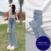 American-style Slit Micro-flare Jeans For Women, Spring/summer, Light Blue, High-waisted, Stretchy, Narrow Wide-leg With_ecoleips.com