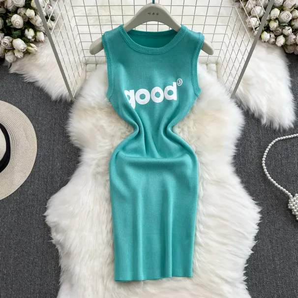Fashion Y2K Letters Knitted Women Dress Sexy Tank Sleeveless Slim Elastic Bodycon Summer Dress Streetwear Vestidos_ecoleips.com
