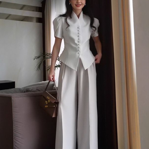 2026 Summer New European And American Casual Bag Sleeve Suit Button Cardigan Long Sleeve Jacket Loose Wide Leg Pants Suit_ecoleips.com