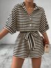 Women's Clothing Spring And Summer Striped Lapel Cardigan Button Mid Sleeve Belt Shorts Suit Jumpsuit_ecoleips.com