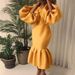Women's Clothing Large Size Women's Fashion Solid Color V Neck Bubble Long Sleeved Mermaid Skirt Dress_ecoleips.com