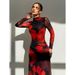 European And American Cross-border Foreign Trade 2025 Autumn Red Tie-dye Print Party Long-sleeve Fitted Long_ecoleips.com