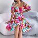2026 Spring/Summer European And American Casual Floral Square Neck Short Sleeve Waist-Cinching Ruffle A-Line Dress_ecoleips.com