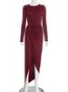 Mozision Long Sleeve Thigh High Split Sexy Maxi Dress Women Gown Elegant O Neck Draped Ruched Bodycon Club Party Long Dresses_ecoleips.com
