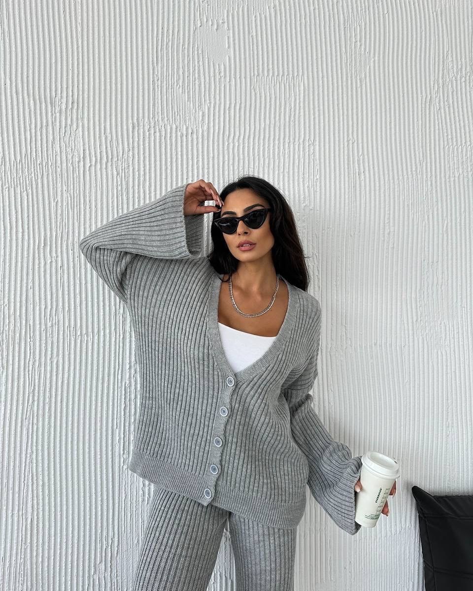 Women's Casual Fashion Suit Long Sleeved Button Sweater Cardigan With Trousers Set Solid Color Spring Autumn Wear_ecoleips.com