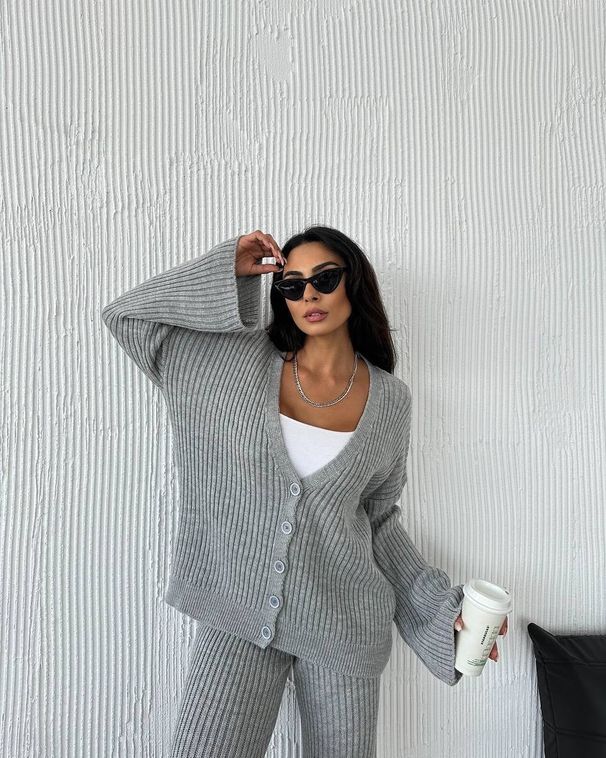 Women's Casual Fashion Suit Long Sleeved Button Sweater Cardigan With Trousers Set Solid Color Spring Autumn Wear_ecoleips.com