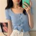 Short Sleeve T-shirts Women Slim Solid Lace O-neck Single Breasted Trendy Chic Sweet Lovely Ulzzang Simple Streetwear Knitted_ecoleips.com