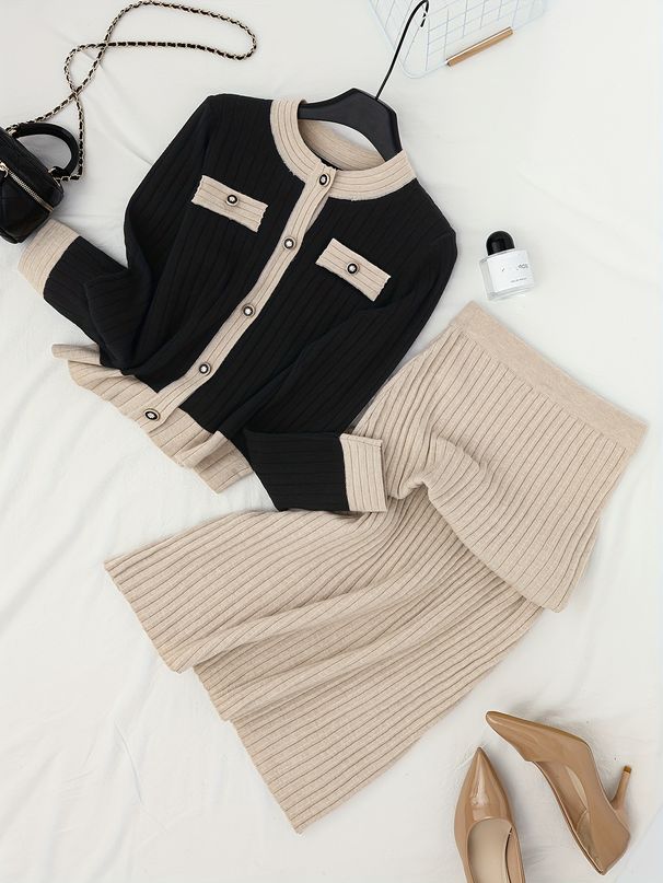 Elegant Knit Sweater & Solid Maxi Skirt Set – Color-Blocked Long Sleeve Top With Flowy Skirt_ecoleips.com