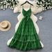 French Style Green Lace Spaghetti Strap Maxi Dress For Women, V-Neck Boho Summer Dress With Ruffles And Waist Tie_ecoleips.com