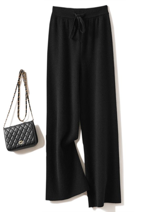 Autumn Winter Women's Pants Basic Soft Casual Sashes Trousers 100% Merino Wool Knitwear Korean Popular Pants_ecoleips.com