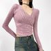 Women's Clothing Autumn And Winter New Retro Cross V Neck Waist Slim Top Long Sleeve Short Navel T Shirt_ecoleips.com