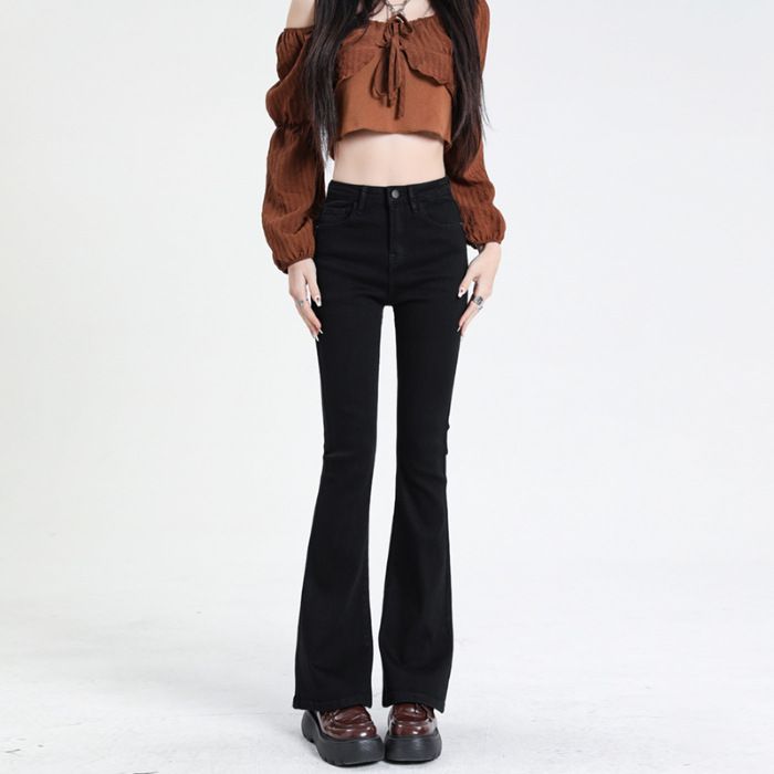Women's Clothing Plush Jeans Autumn And Winter Flared Jeans Autumn And Winter High Waist High Elastic Plush Flared Horseshoe Pants_ecoleips.com