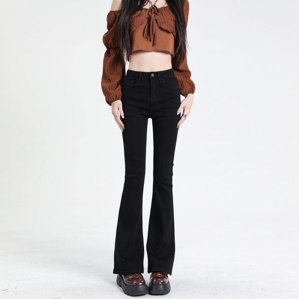 Women's Clothing Plush Jeans Autumn And Winter Flared Jeans Autumn And Winter High Waist High Elastic Plush Flared Horseshoe Pants_ecoleips.com
