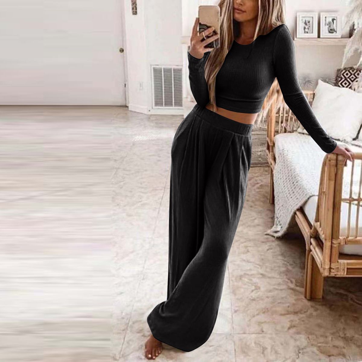 Women's Solid Color Knitted Two Piece Set Casual Autumn/Winter Home Wear Comfortable Fashion_ecoleips.com