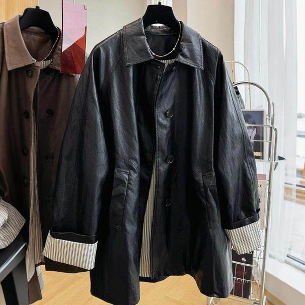 Elegant Casual Loose Jacket For Women, New Spring Korean Style Fashion Striped Leather Coat_ecoleips.com