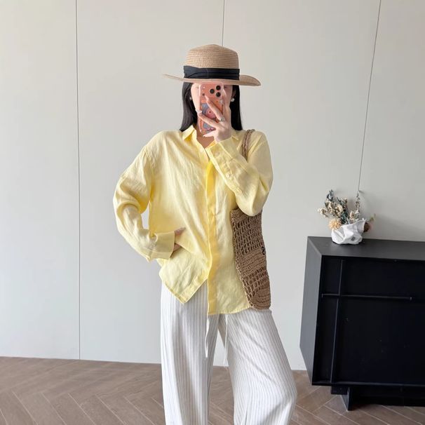New Linen Basic Loose Fit Turn-down Collar Shirt In Old Money Style For Women 0414f06_ecoleips.com