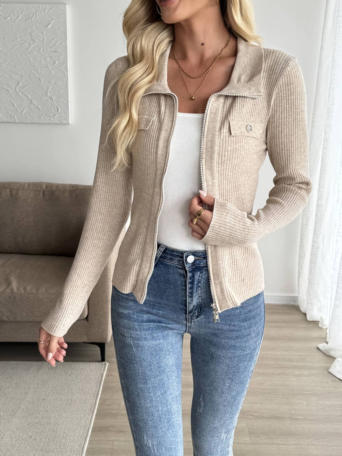Spring, Summer, Autumn Double-Zipper Solid Color Women's Versatile Elegant Commuting Long-Sleeve Knit Cardigan Sweater_ecoleips.com