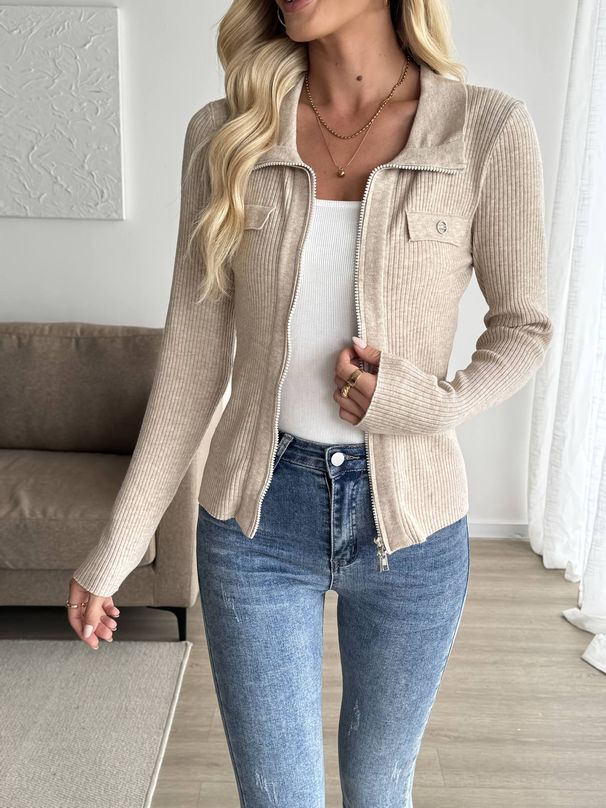 Spring, Summer, Autumn Double-Zipper Solid Color Women's Versatile Elegant Commuting Long-Sleeve Knit Cardigan Sweater_ecoleips.com
