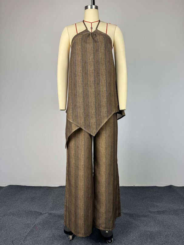 K Women's New Western-style Hanging Neck Sleeveless Irregular Top, Wide Leg Pants Set_ecoleips.com
