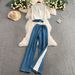 Women's Clothing Fashion Denim Suit In Summer, Niche Contrast Color Suit Collar Sleeveless Vest Top, Two Piece Suit, High Waist Wide Leg Pants_ecoleips.com