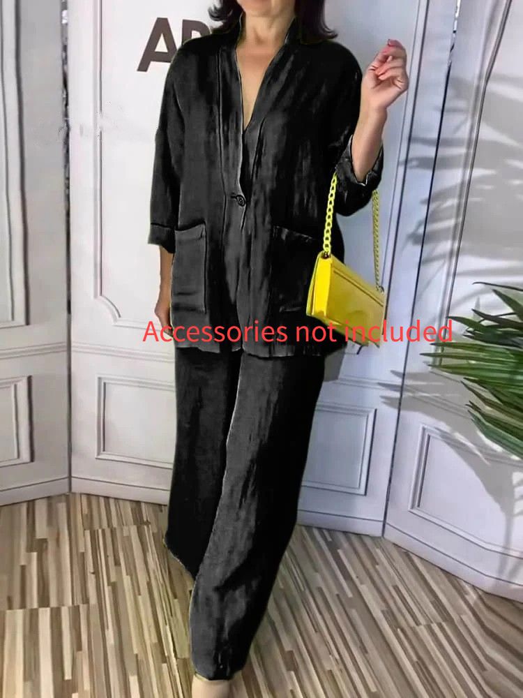 Women's Clothing 2025 New Cross Border Women's Clothing Two Piece Suits Women's Long Sleeved Shirt Solid Color Pants Wide Leg Suit_ecoleips.com