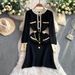 Elegant French-Inspired Fringe Round Neck Long Sleeve Dress With Metallic Buttons & Waist Accent – Flattering A-Line Midi Dress For Women_ecoleips.com