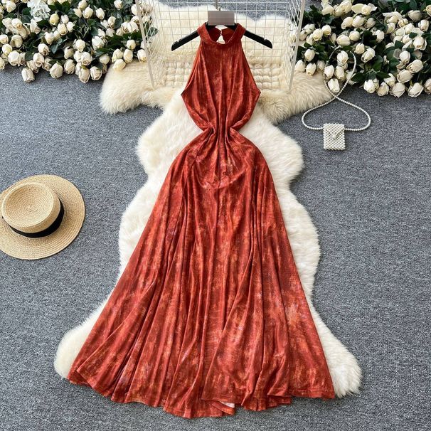 Women's French Retro Style Tie Dye Halter Neck Dress Summer Sleeveless Waist Cinching Design Sophisticated Full Skirt_ecoleips.com