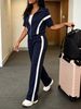 Women's Spring Summer Two Piece Set Color Block Short Sleeve Jacket Striped Color Block Straight Leg Pants_ecoleips.com