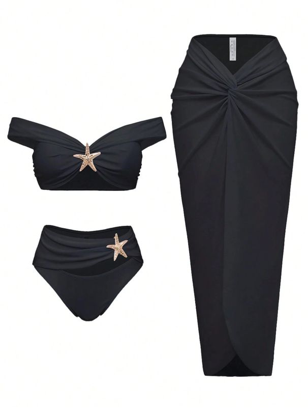 Women's European American Style Starfish Two Piece Swimsuit Long Dress Three Piece Bikini Huludao_ecoleips.com