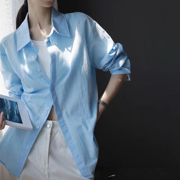 French-style Blue Polo Collar Sun Protection Shirt Women, Loose Casual For Spring And Summer, Long-sleeved Thin_ecoleips.com