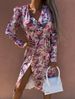 Women's Loose Long Sleeve V Neck Slim Waist Printed Dress Spring Summer_ecoleips.com