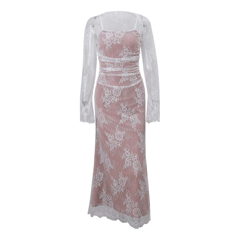 Women's Long Sleeve Crochet Lace Suspender Dress Sexy Temperament Vest_ecoleips.com