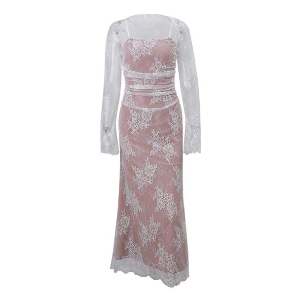 Women's Long Sleeve Crochet Lace Suspender Dress Sexy Temperament Vest_ecoleips.com