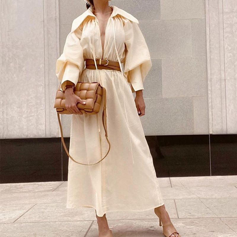 Women's Clothing Ladies Fashion Long Sleeve Lapel Mid Length Bohemian Dress_ecoleips.com