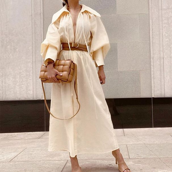 Women's Clothing Ladies Fashion Long Sleeve Lapel Mid Length Bohemian Dress_ecoleips.com