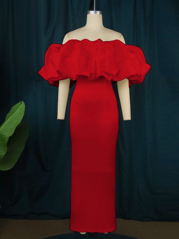 Women's Clothing Top Dress Puff Sleeve Hip Wrapped Slim Banquet Evening Dress_ecoleips.com