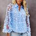 Women's Clothing Women's Light Blue Three Dimensional Flower Perspective Mesh Lantern Sleeve Shirt_ecoleips.com