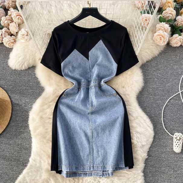 Women's Denim Two-Piece Dress Set - Round Neck Short Sleeve Top With Slimming High Waist Shorts_ecoleips.com