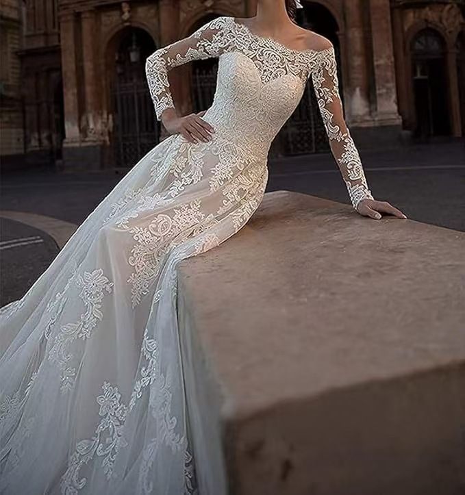 Elegant Off-Shoulder Long-Sleeve Wedding Dress With Sheer Lace & Open Back – Boho Bridal Gown For Destination Weddings ( XS-XXXL)_ecoleips.com