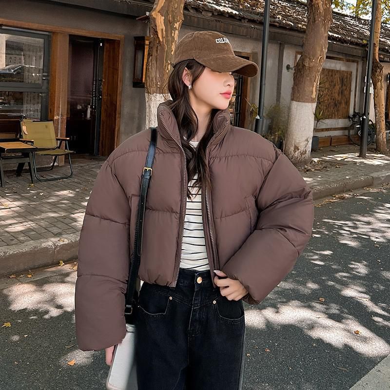 Women's Clothing High-Waisted Short Puffer Jacket With Stand Collar, Lightweight Quilted Polyester Coat, Loose Fit Casual Winter Outerwear_ecoleips.com