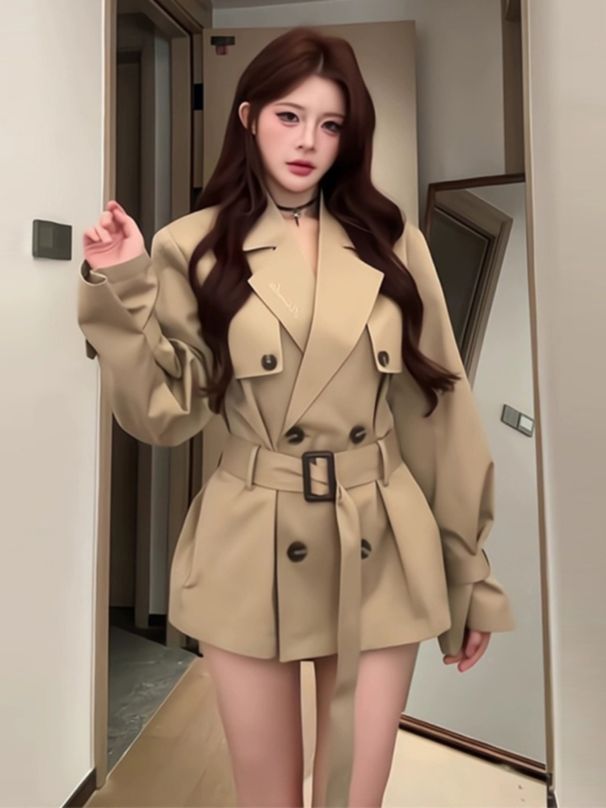 French-Inspired Khaki Trench Coat – Slim-Fit Belted Jacket For Petite Women (S-XL)_ecoleips.com